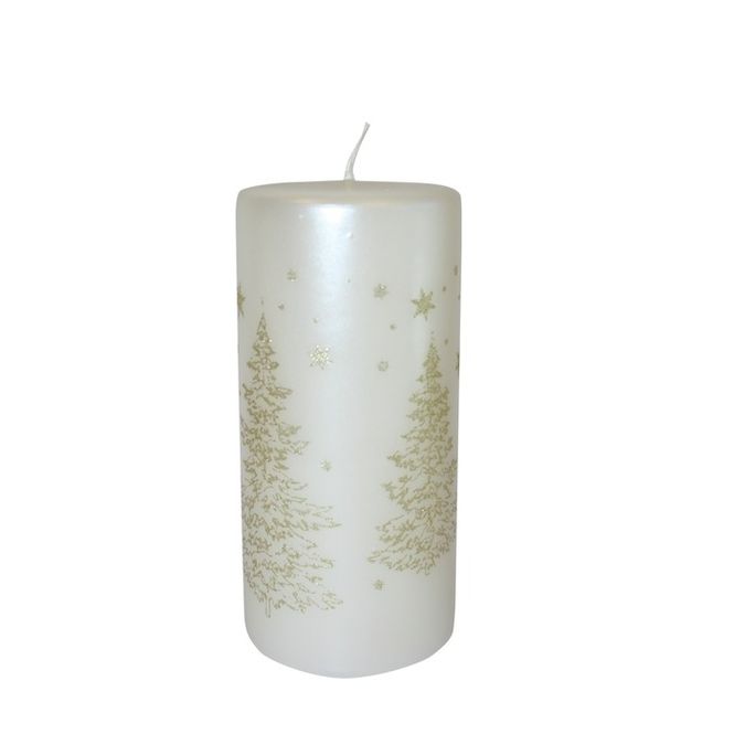 Hovedbilde Kubbelys - 7x15cm, hvit m/gull juletrær