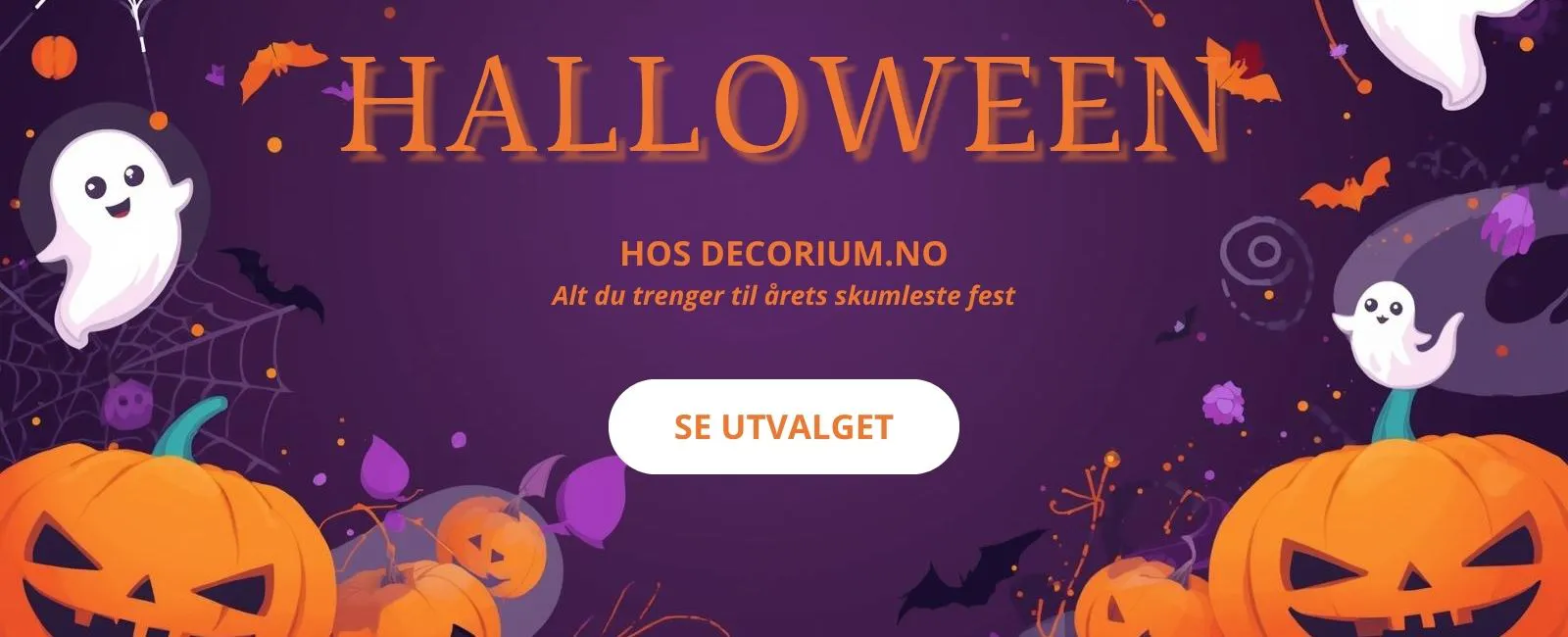 Halloween-banner med lilla bakgrunn, oransje gresskar og små spøkelser. Tekst: “Halloween hos Decorium.no – Alt du trenger til årets skumleste fest. Se utvalget